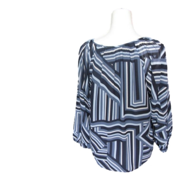 CALVIN Klein Blue/Black Geometric Pattern Sheer Sleeve Blouse Size Medium - Picture 3 of 4